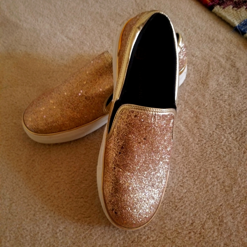 Gold glitter slip ons Sz 9